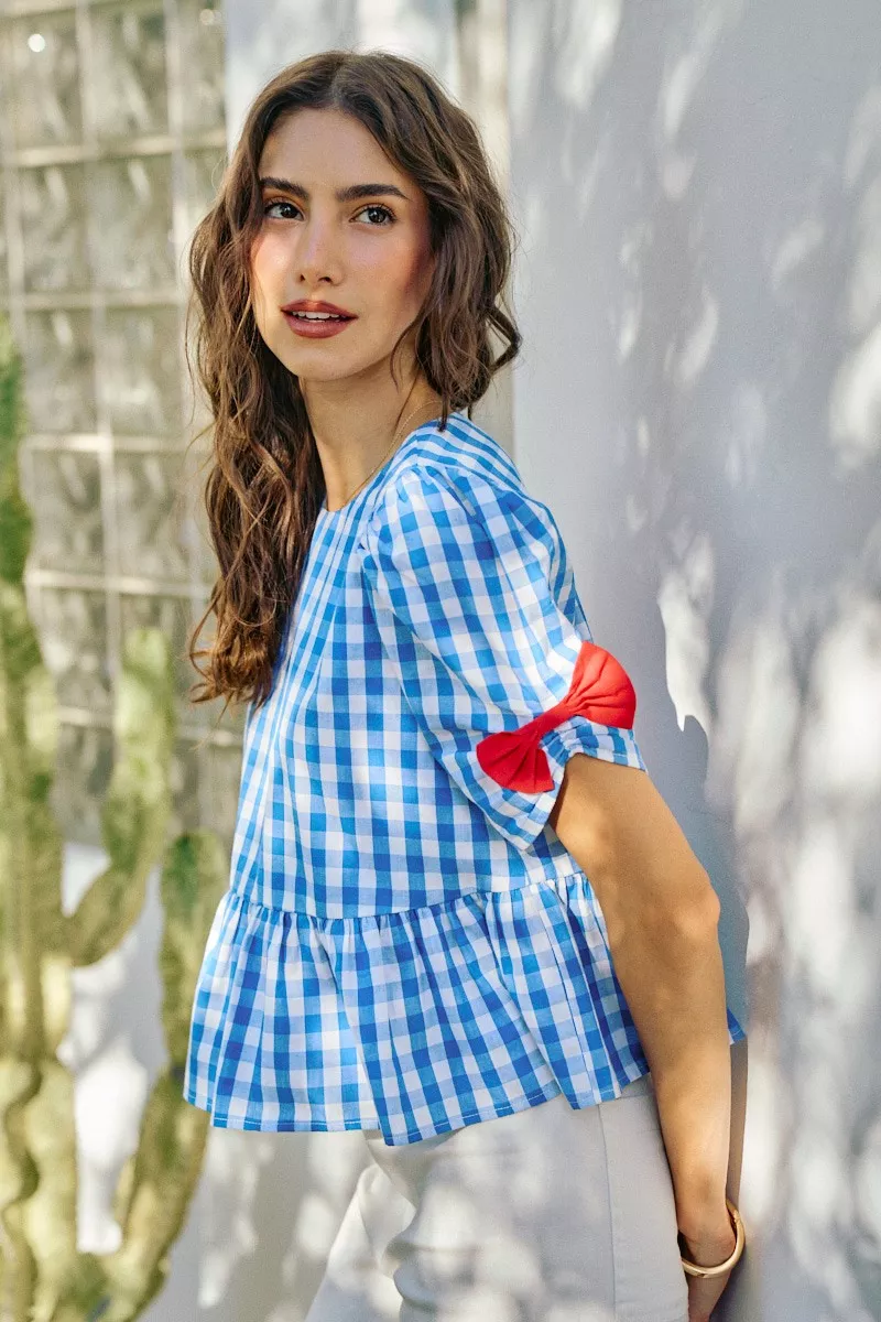 4th Of July Gingham Ribbon Detail Short Sleeves Blouse, image 5