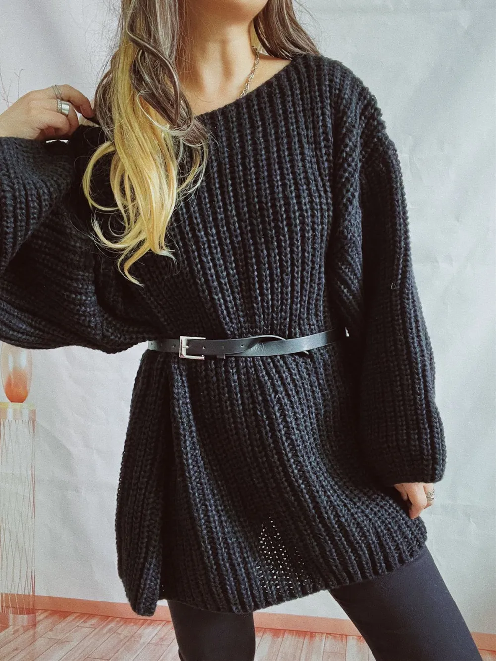 Boat Neck Long Sleeve Sweater with Belt, image 19