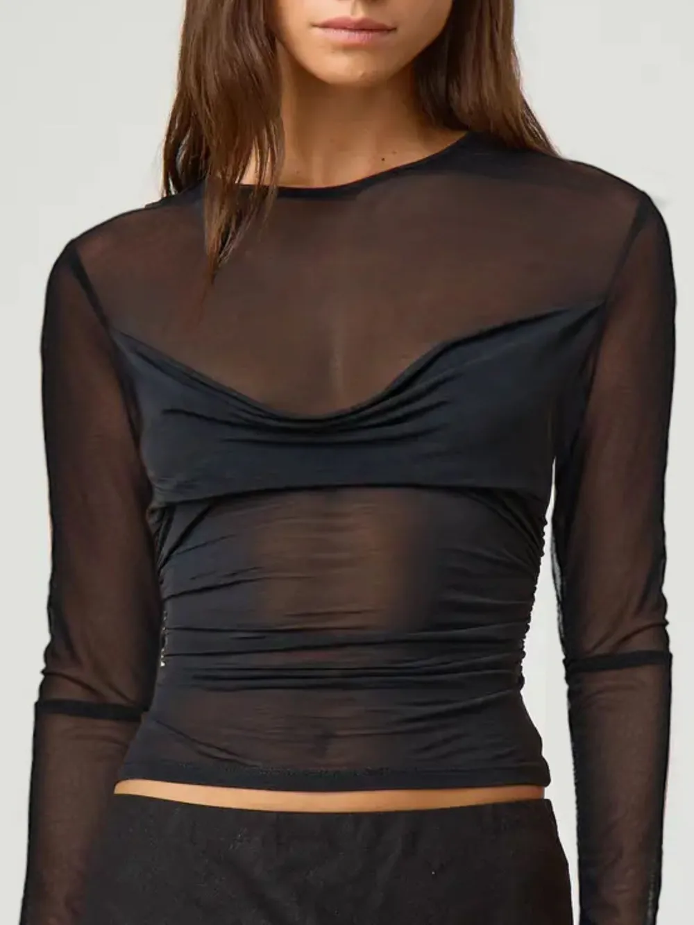 Ruched Mesh Long Sleeve Top, image 2