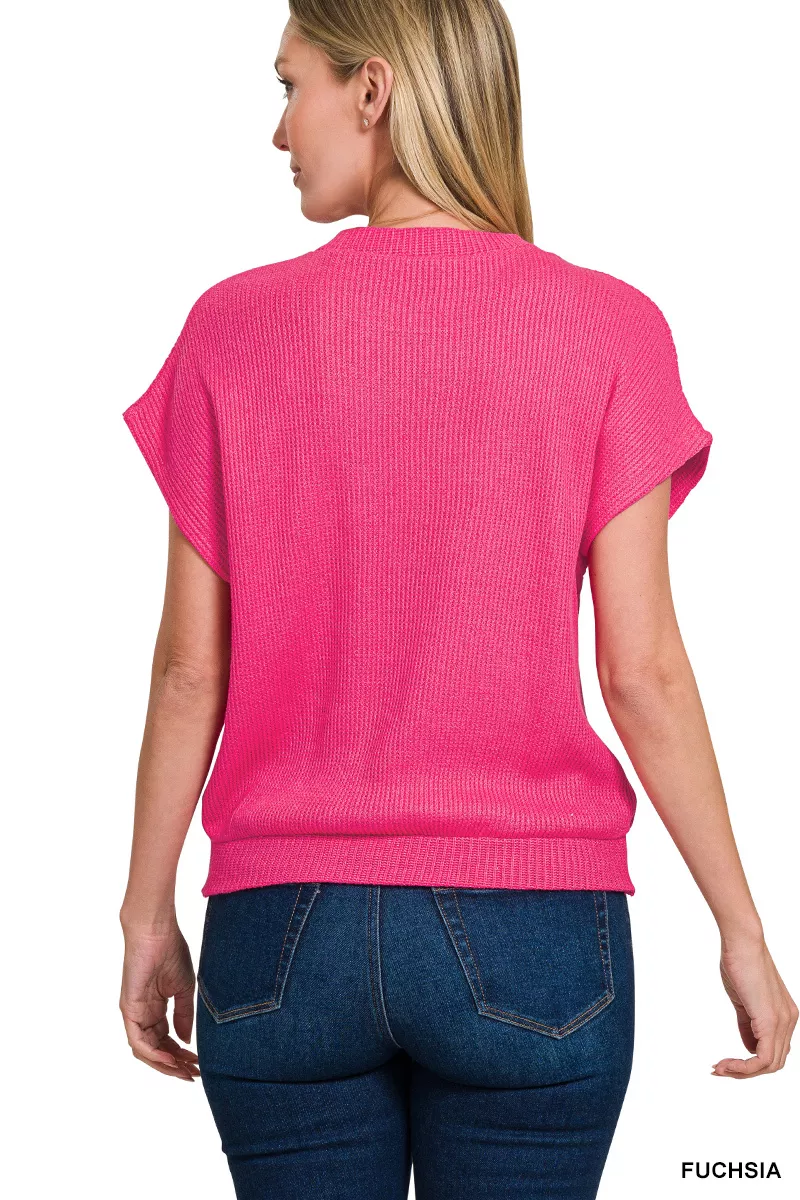Round Neck Banded Botton Short Sleeve Sweater, image 2