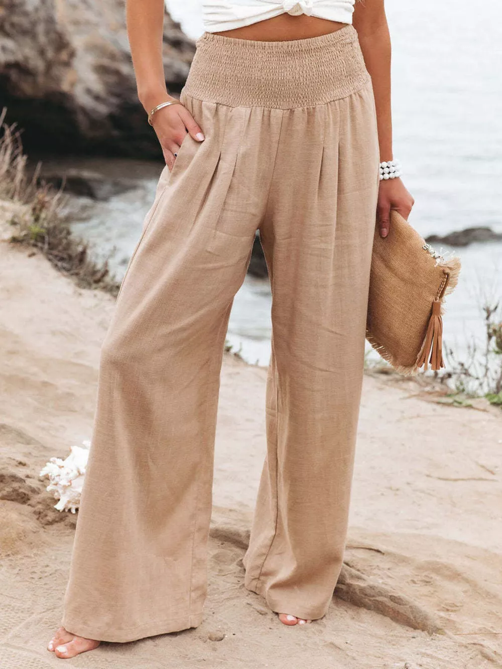 Smocked High Waisted Wide Leg Pants, image 11