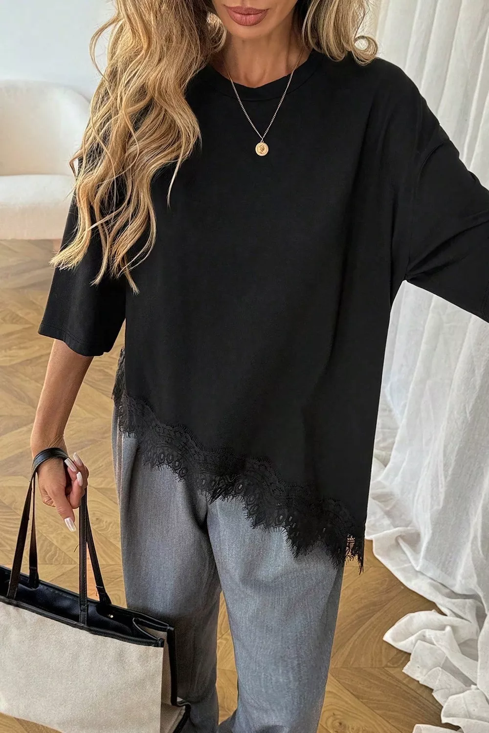Lace Asymmetrical Hem Round Neck T-Shirt, image 4