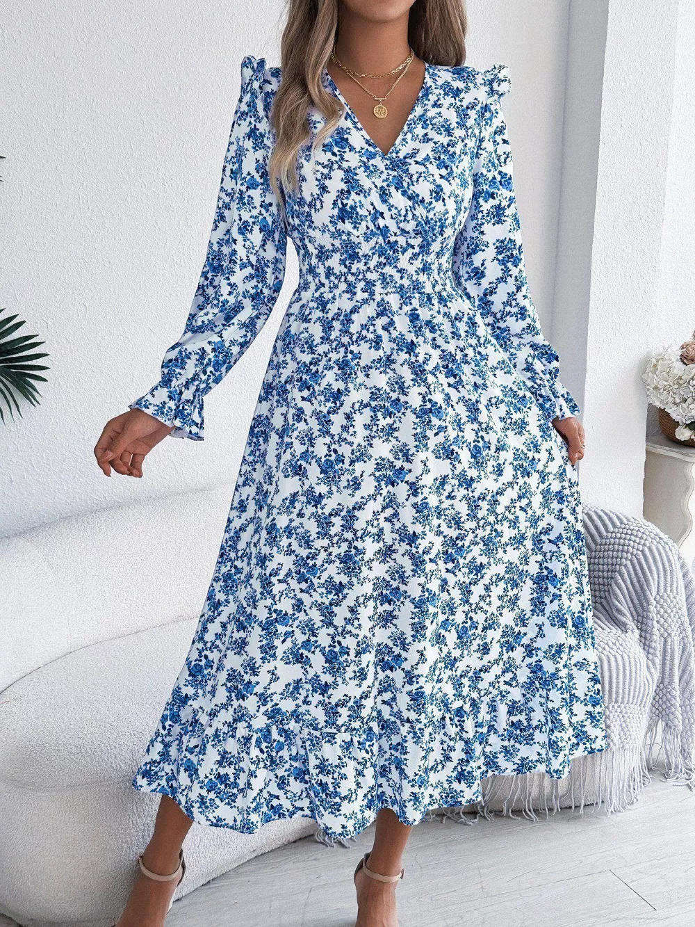 Ruffled Floral V-Neck Flounce Sleeve Dress, image 4