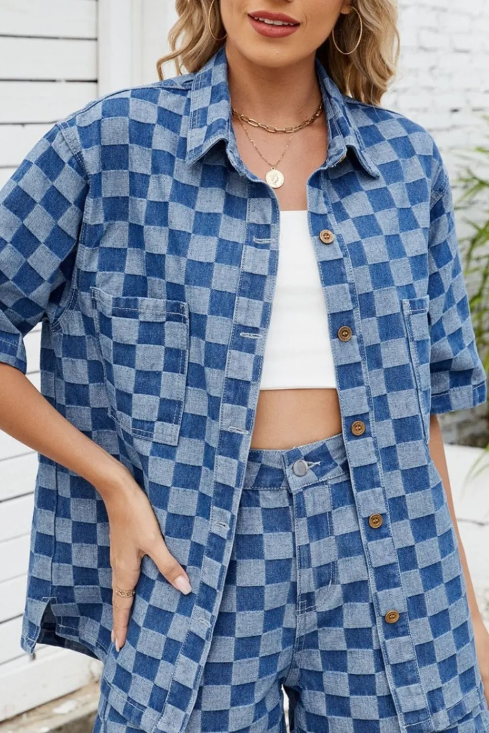 Button Down Checkered Denim Shirt, image 2