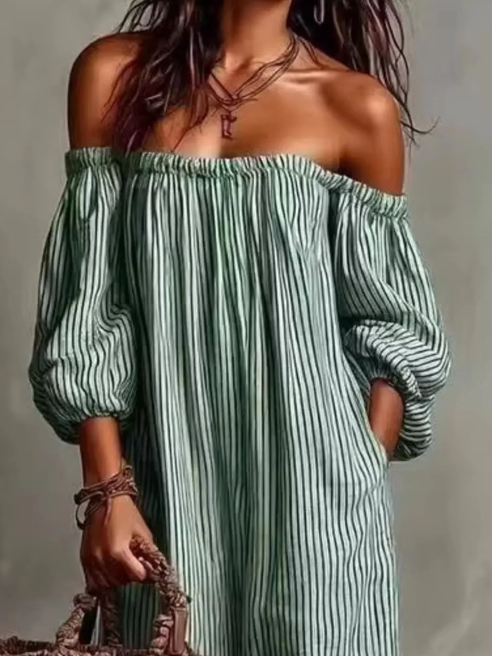 Full Size Off-Shoulder Striped Maxi Dress with Puff Sleeves Plus Size, image 14