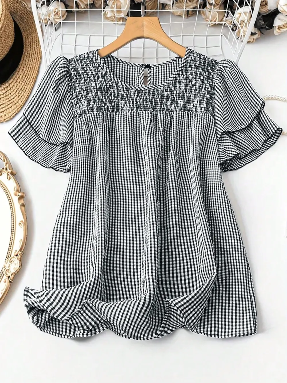Smocked Plaid Round Neck Layered Short Sleeve Blouse, image 2