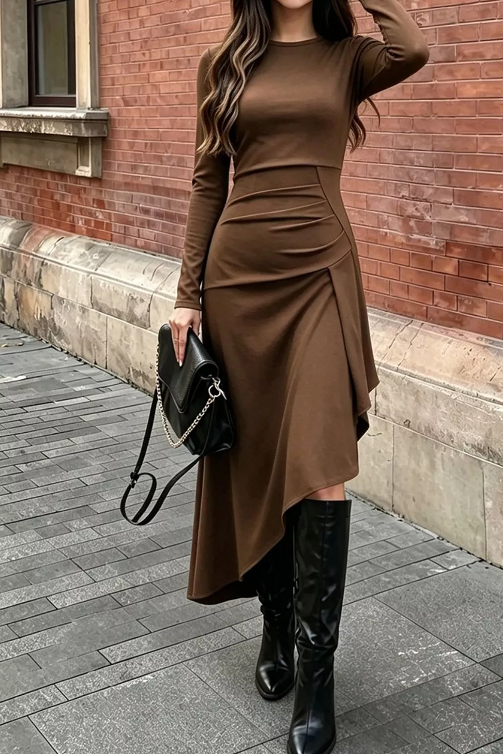 Ruched Asymmetrical Hem Long Sleeve Dress, image 6