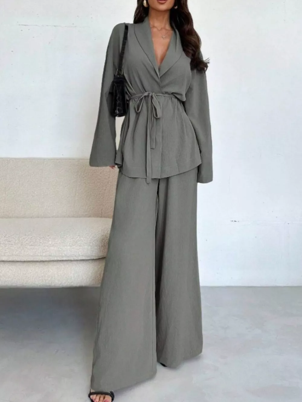 Textured Tie Waist Top and Wide-Leg Pants Set, image 16