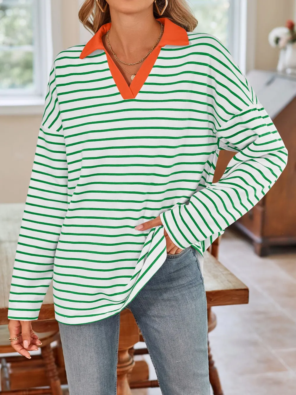 Striped Johnny Collar Long Sleeve T-Shirt, image 33