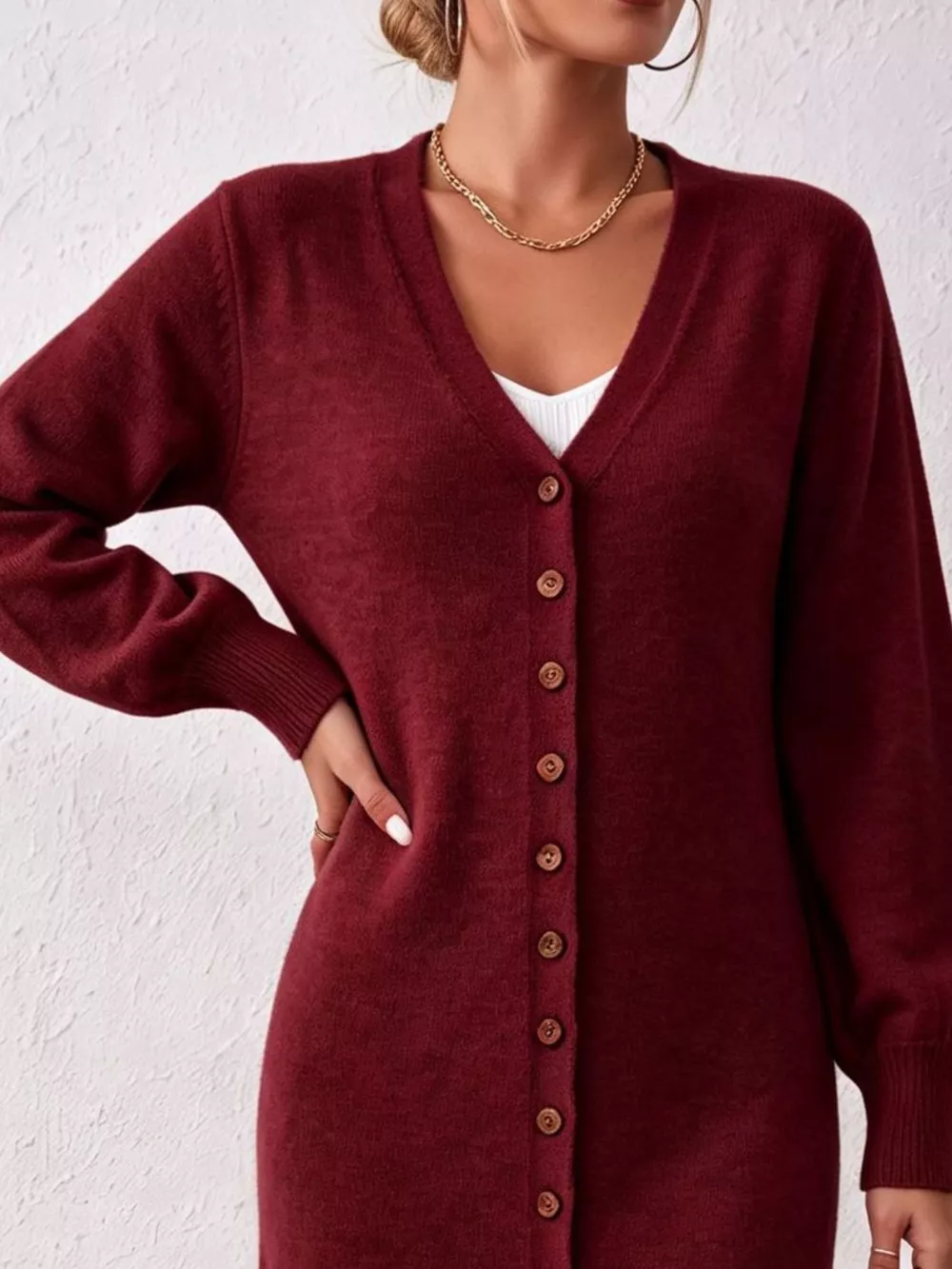 Elegant Longline Button-Front Cardigan with Lantern Sleeves, image 9