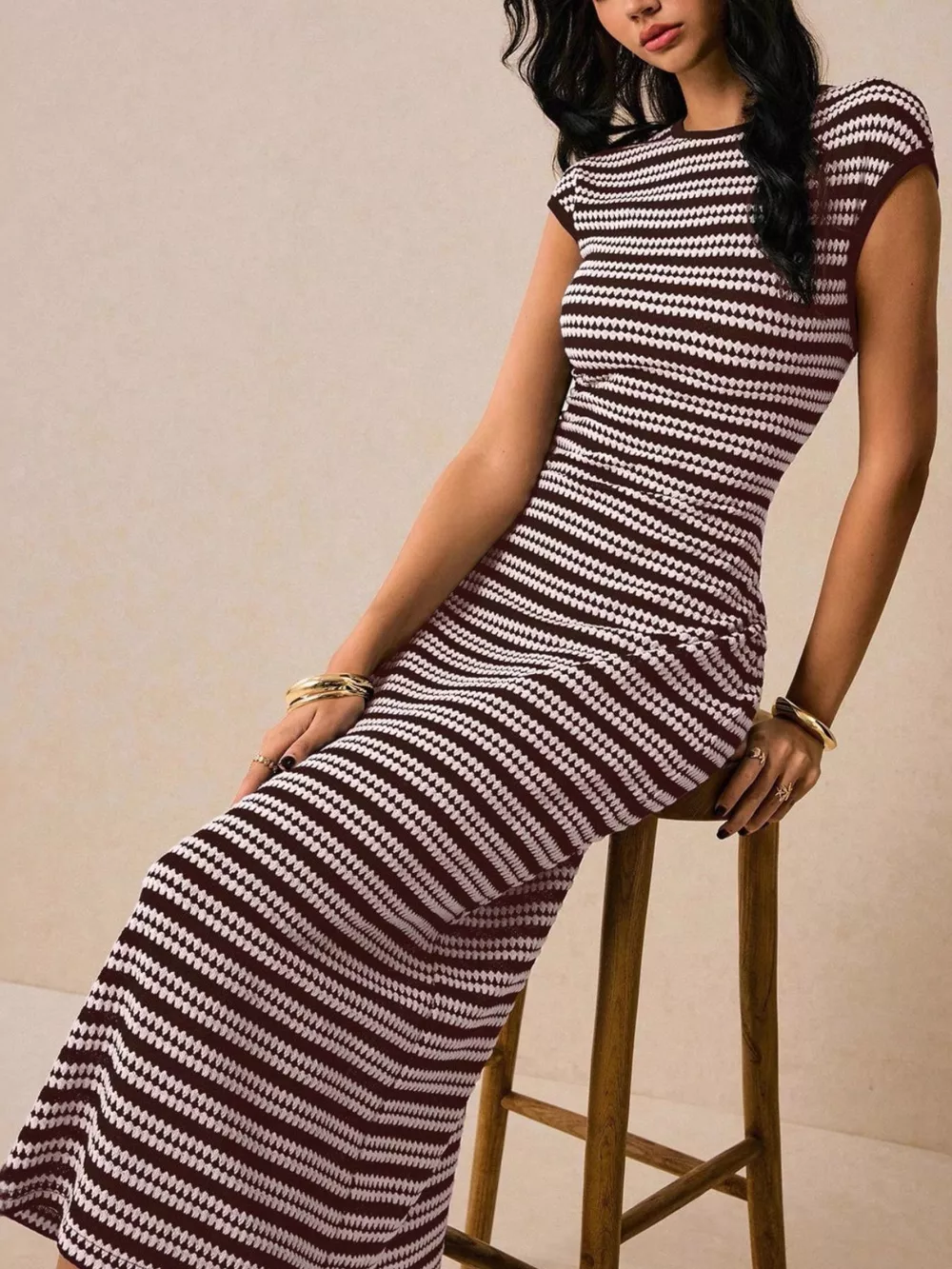 Striped Cap Sleeve Bodycon Midi Dress, image 2