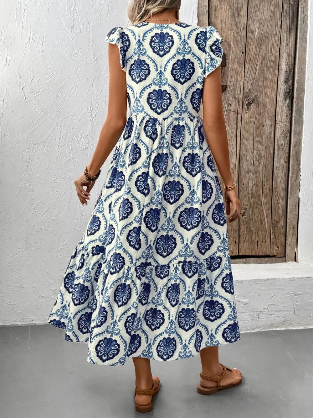 Printed V-Neck Cap Sleeve Dress, image 3