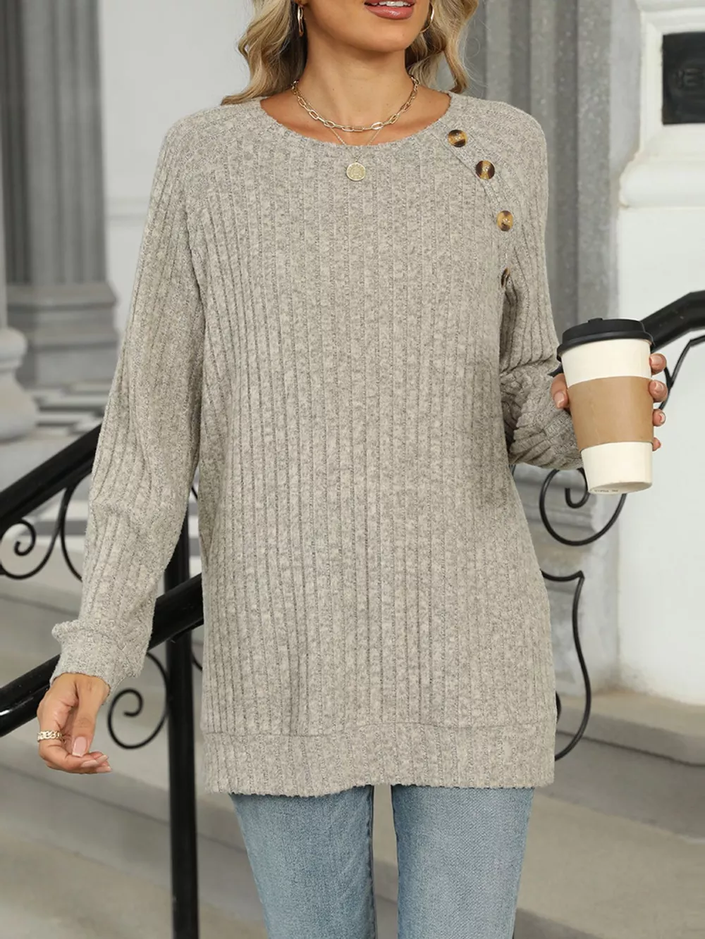 Round Neck Side Slit Ribbed Knit Top with Asymmetric Button Detail, image 3