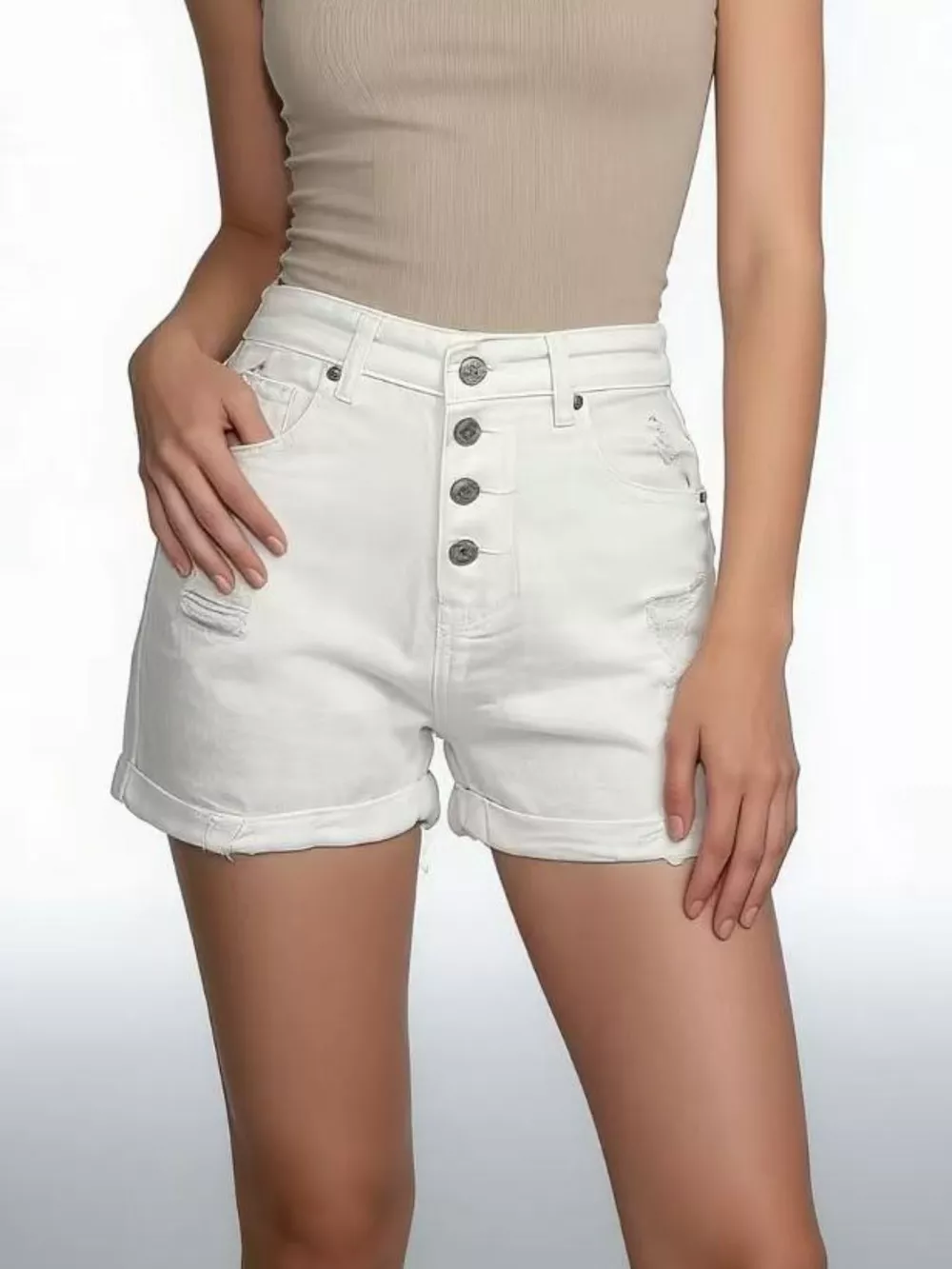 High-Waisted Button-Fly Distressed Denim Shorts, image 2