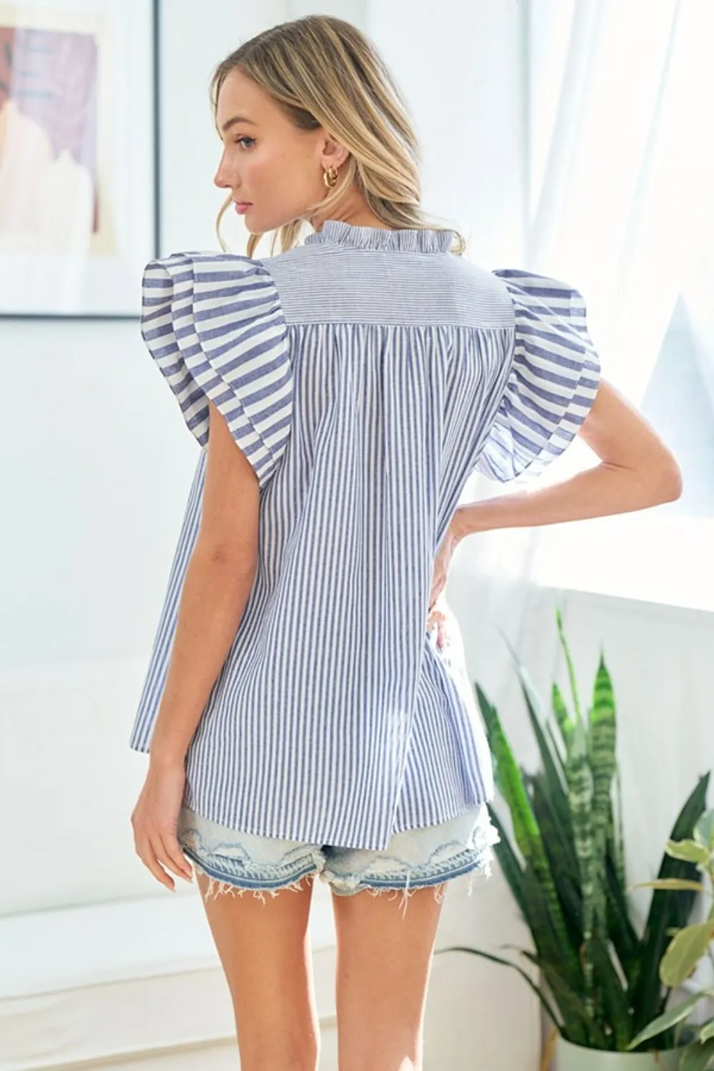 Full Size Striped Flutter Sleeve Blouse, image 2