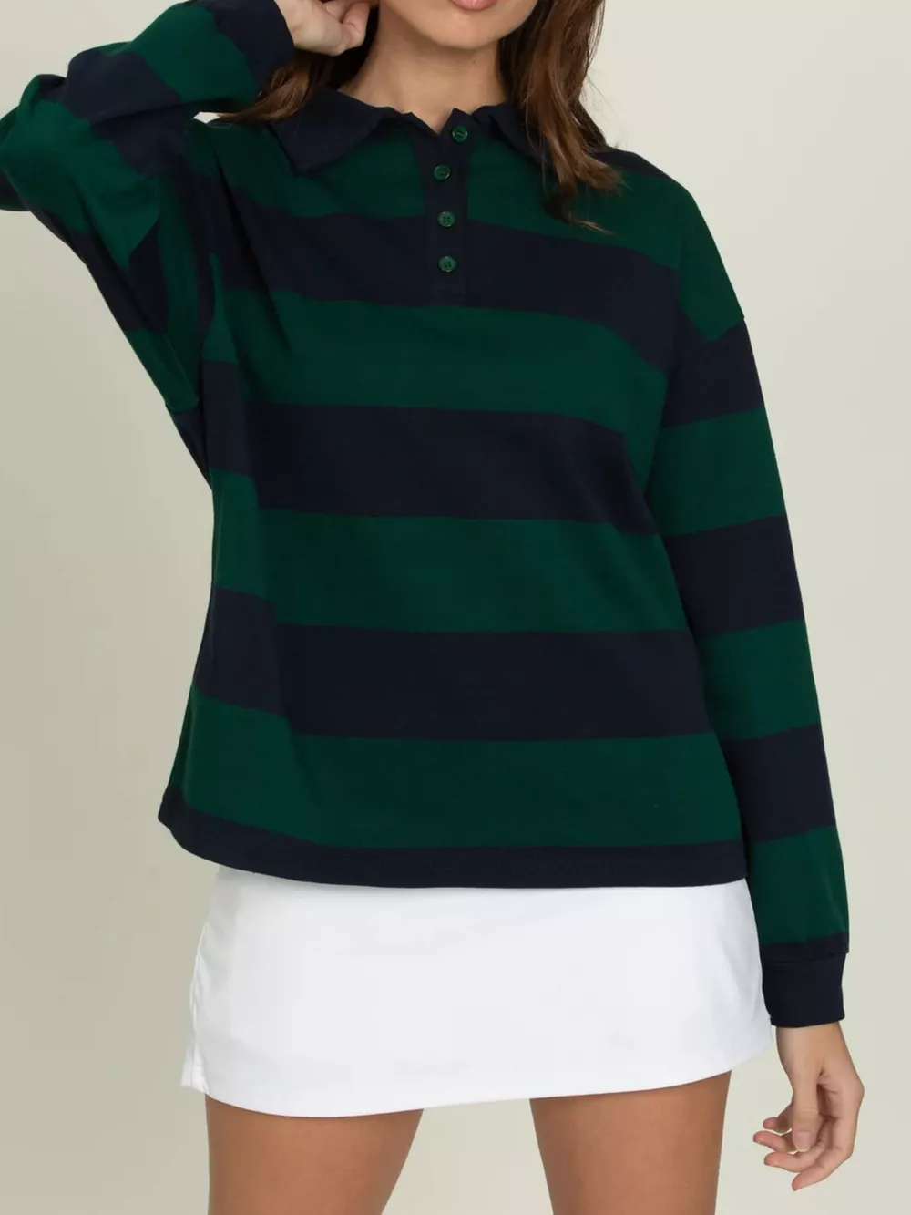 Striped Polo Collar Sweatshirt with Button Details, image 2