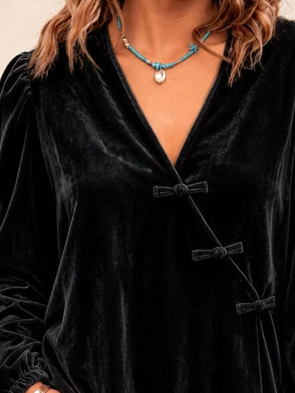 Chinese-Style Knot Buttons Velvet Blouse, image 9
