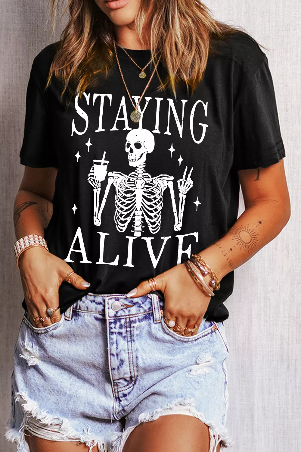 STAYING ALIVE Funny Skeleton Graphic Round Neck T Shirt, image 5