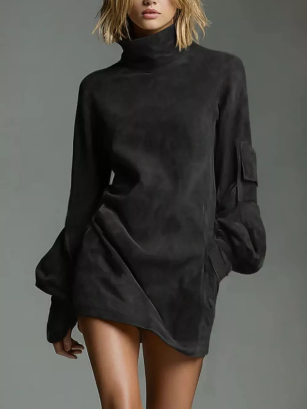 Full Size Suede Turtleneck Lantern Sleeve Mini Dress Plus Size, image 9