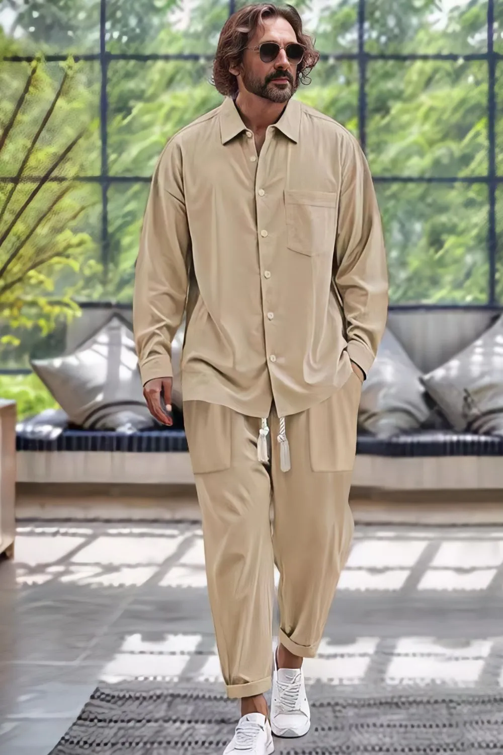Men's Collared Neck Long Sleeve Top and Pants Set Plus Size, image 5