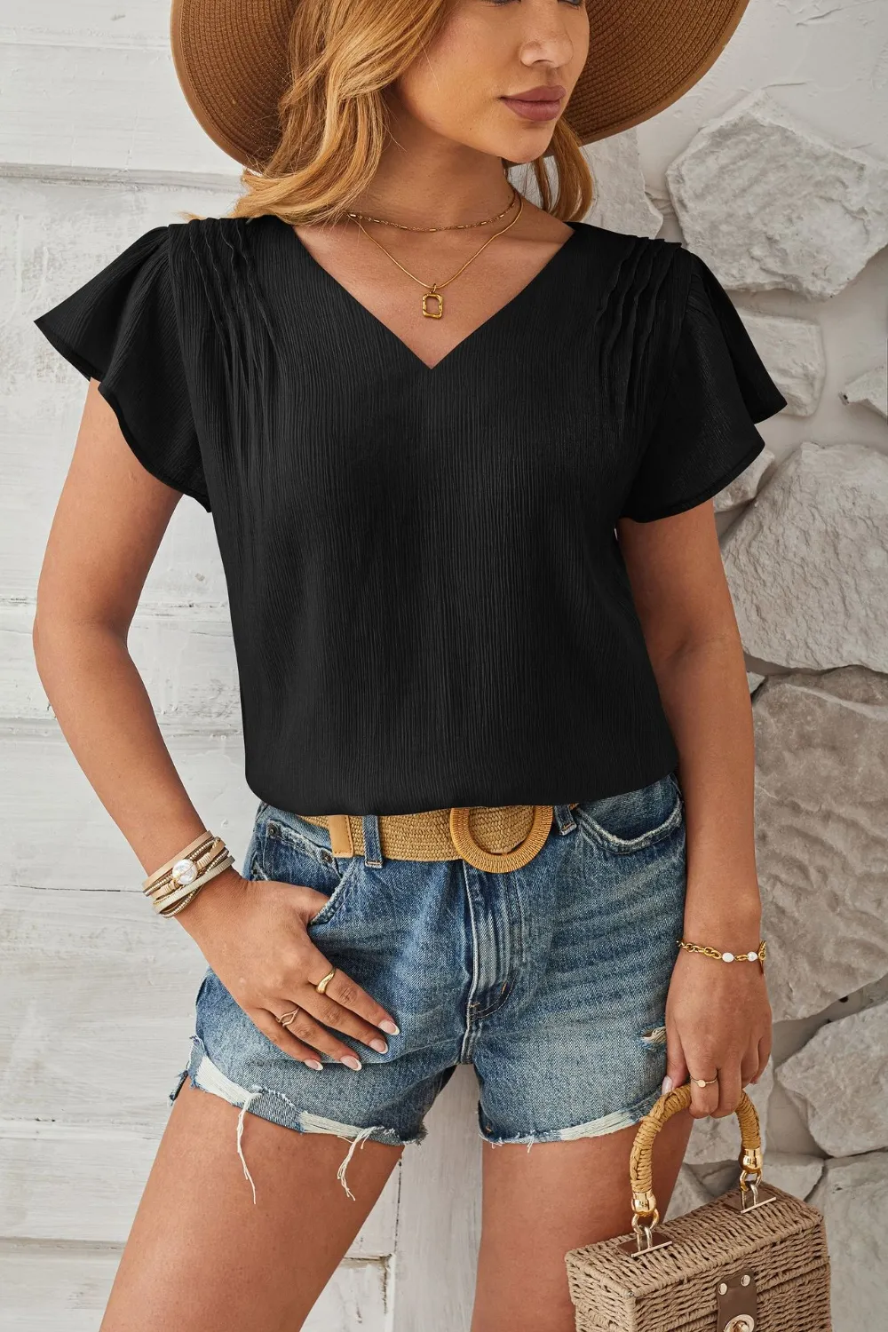 Ruched V-Neck Flounce Sleeve Blouse, image 2