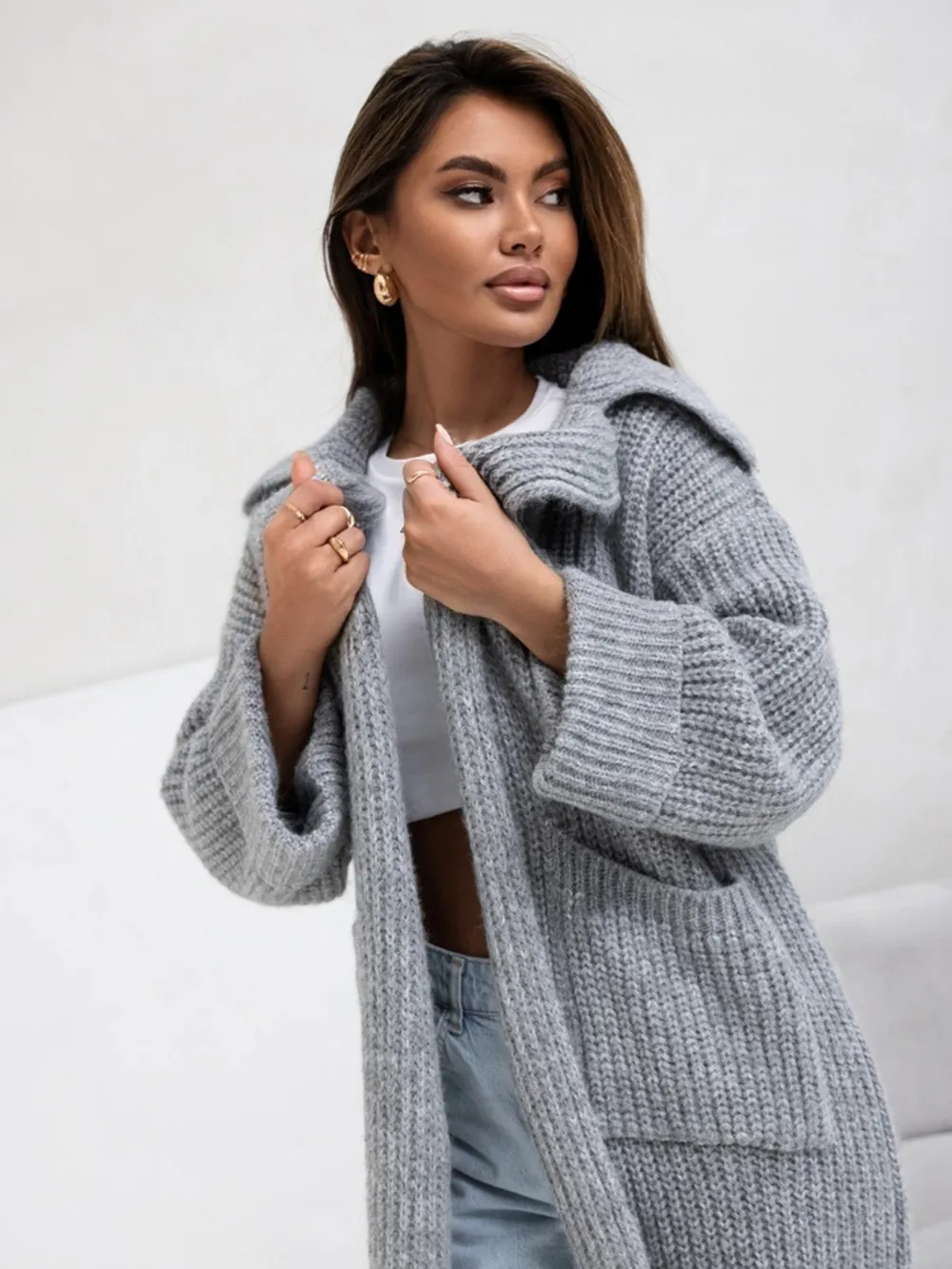 Pocketed Collared Neck Dropped Shoulder Cardigan, image 6