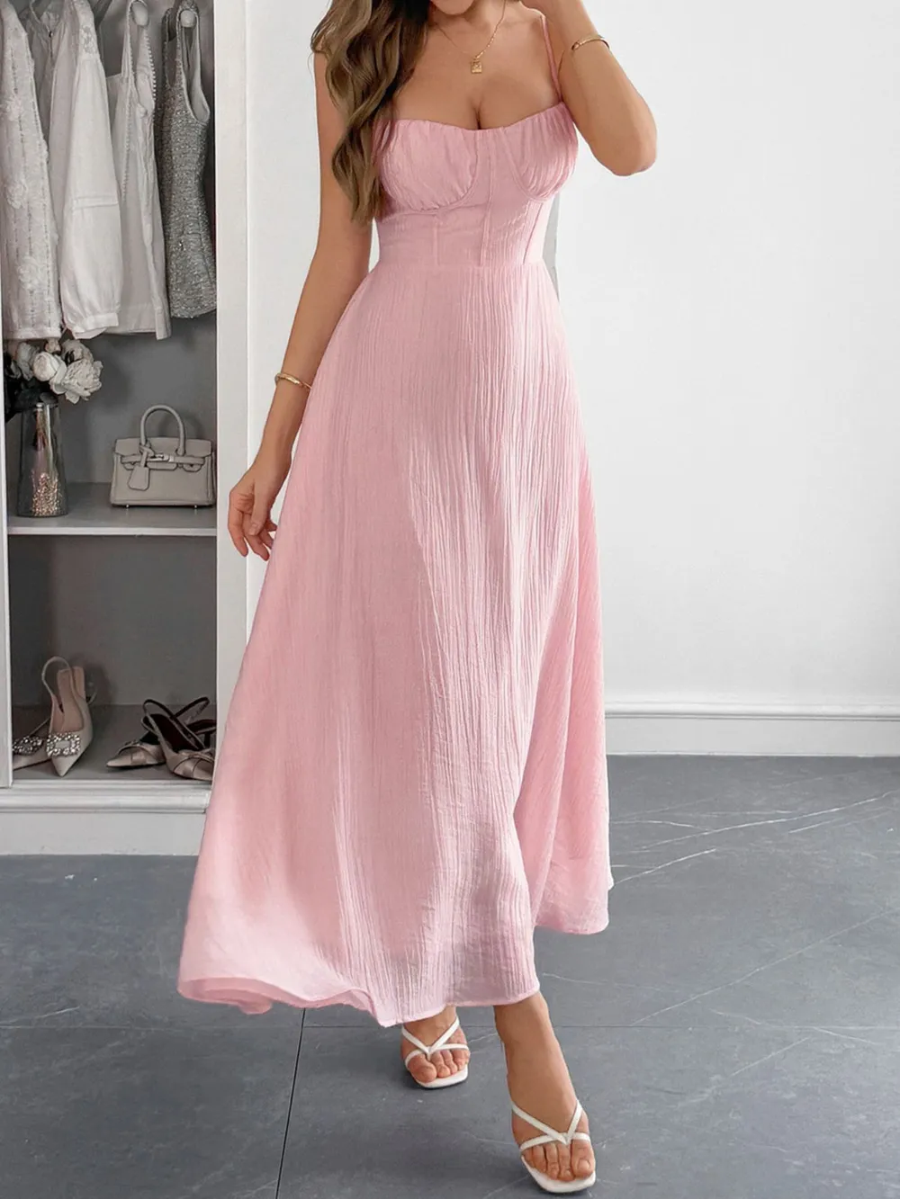 Texture Sweetheart Neck Backless Cami Dress, image 8