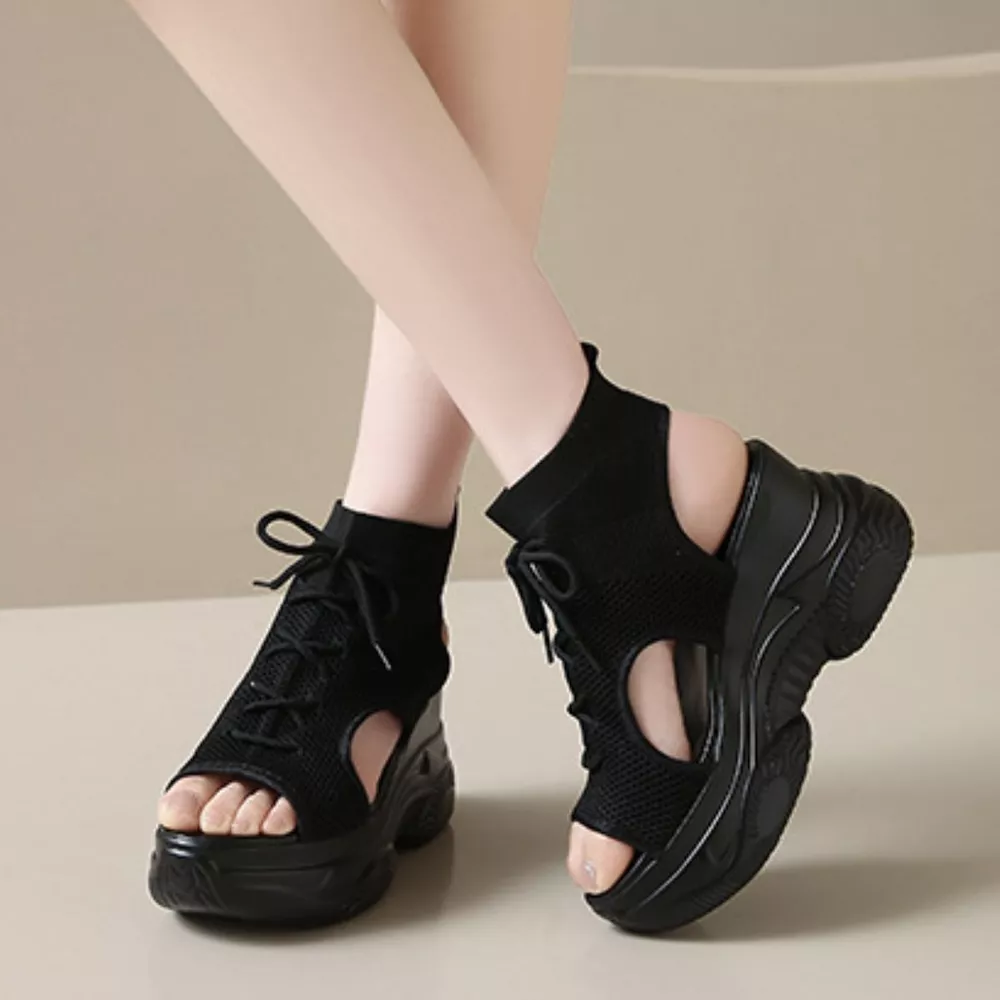 Cutout Mesh Wedge Sandals, image 3