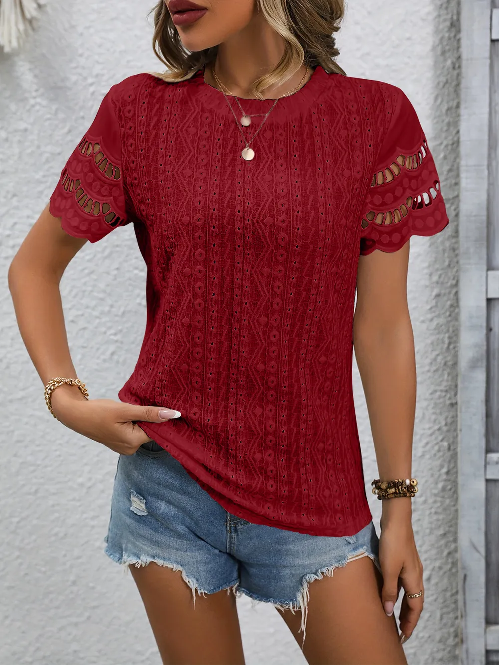 Full Size Eyelet Round Neck Short Sleeve Top, image 5