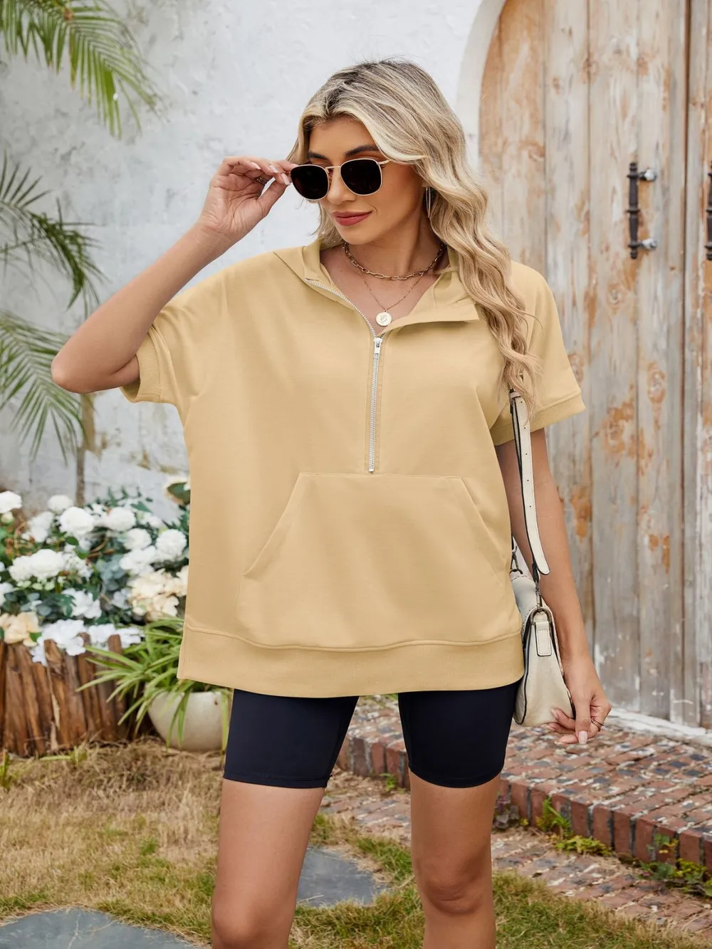 Half Zip Short Sleeve Hooded Top, image 8