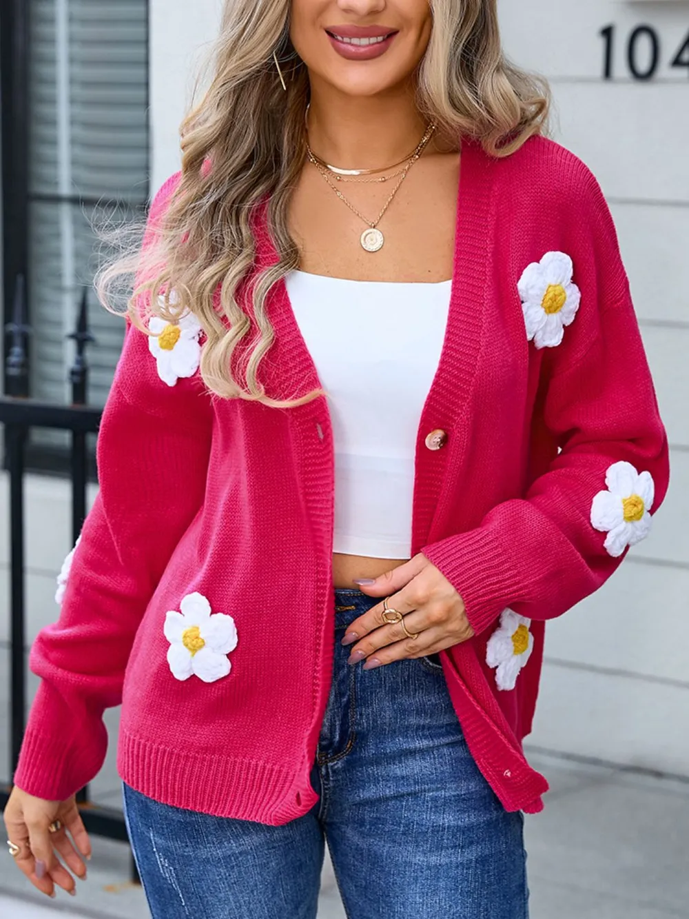 Crochet Flower Button Up Cardigan, image 10