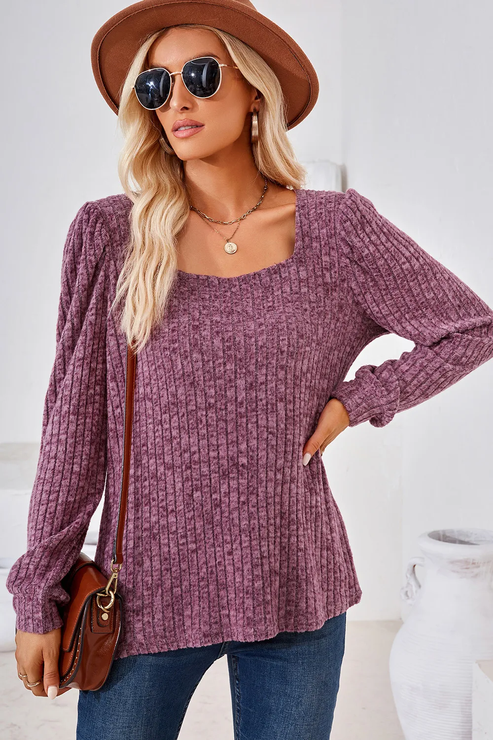Ribbed Square Neck Long Sleeve T-Shirt, image 21