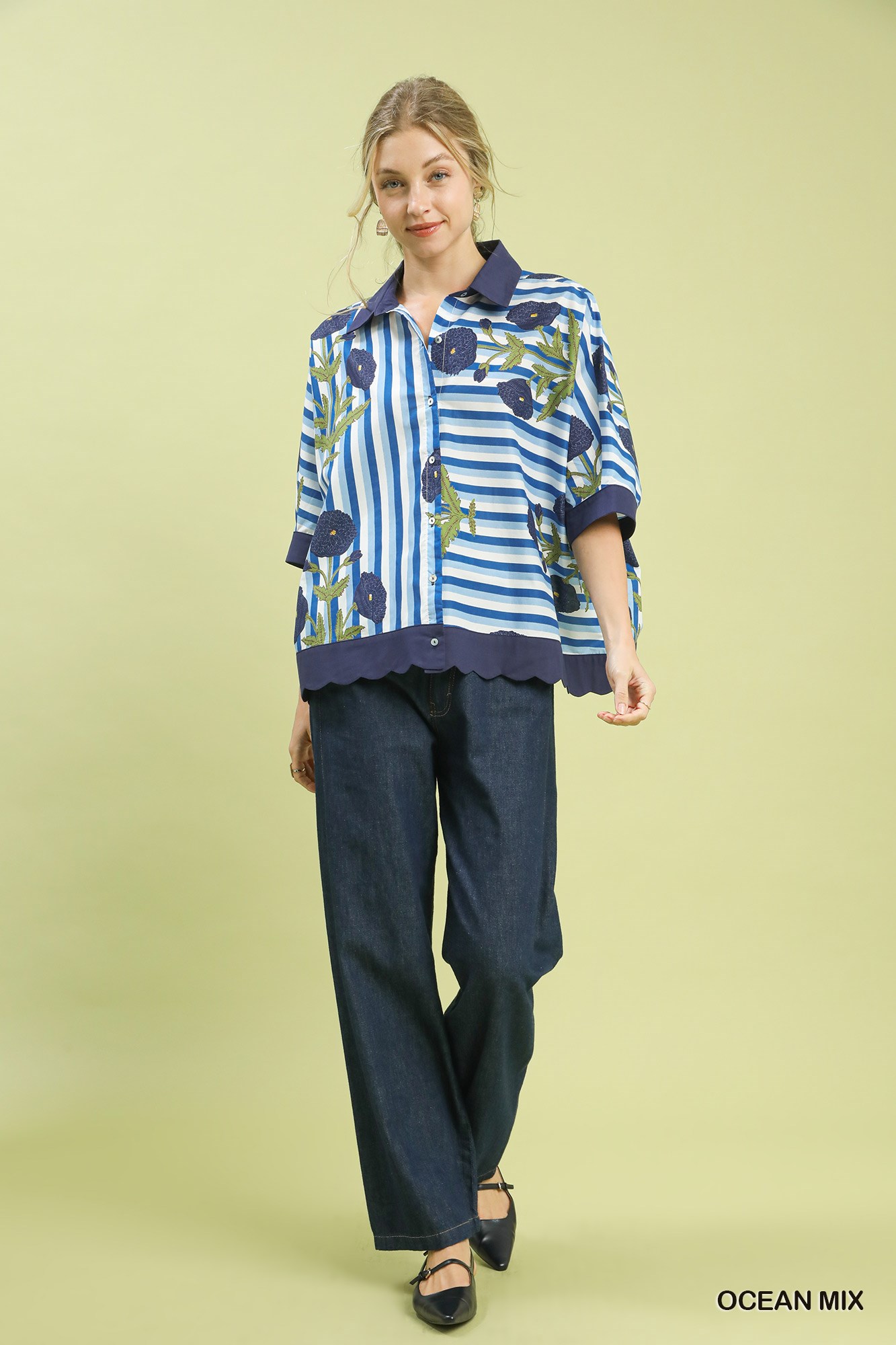 Mix Floral Stripe Button Down Top, image 2