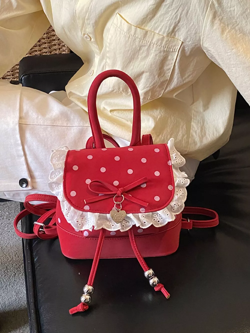Polka Dot Lace Trim Backpack Bag, image 5