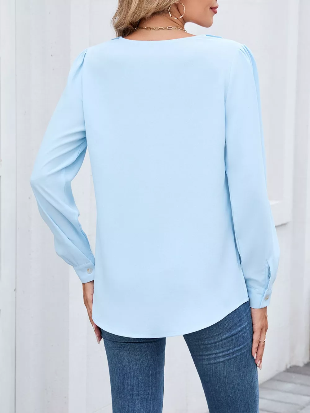 Ruffled V-Neck Long Sleeve Blouse, image 3