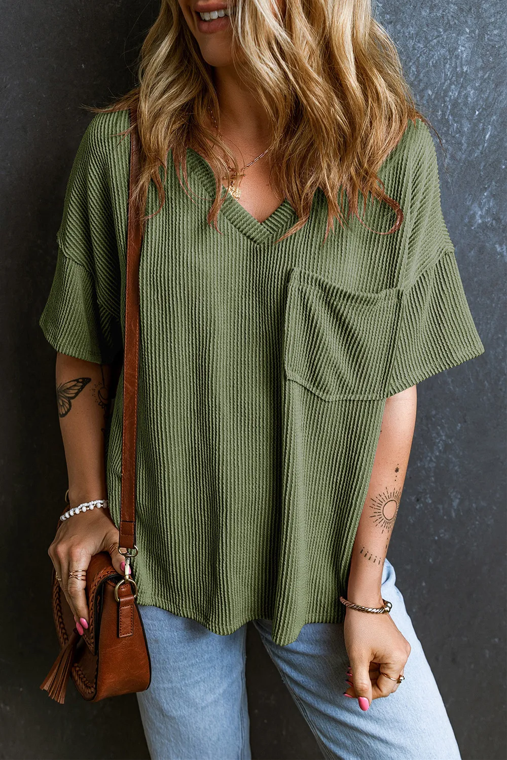 Textured V-Neck Dropped Shoulder T-Shirt, image 3
