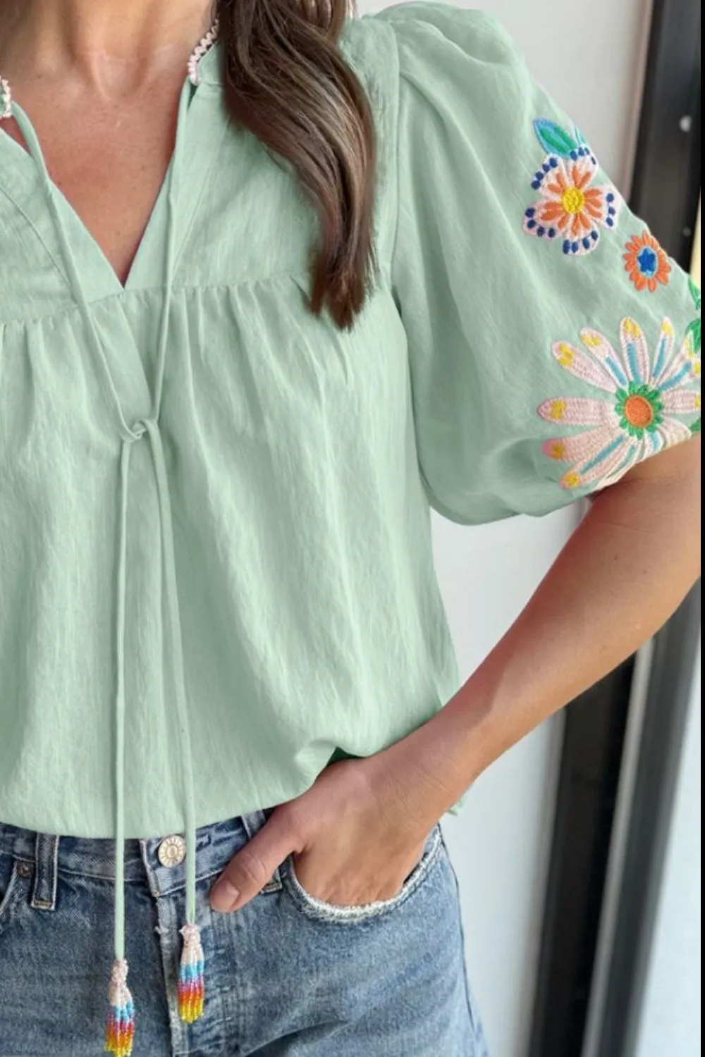 Embroidered Tie Neck Short Sleeve Blouse, image 3