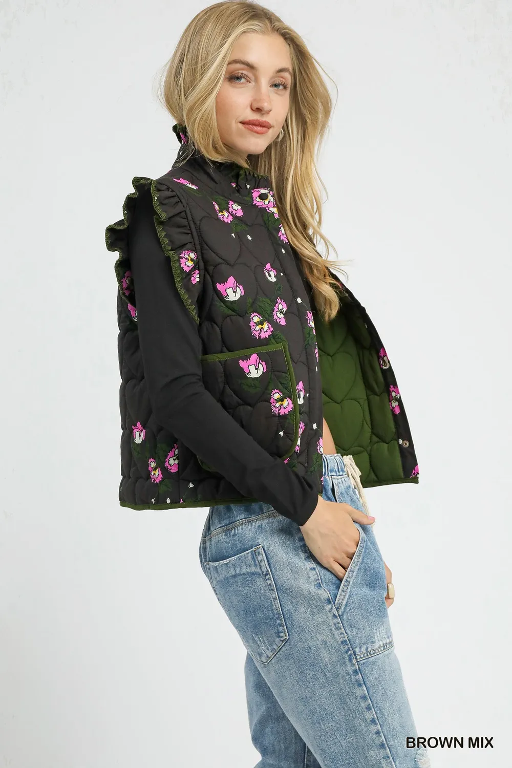 Ruffled Quilted Floral Snap Down Vest, image 3