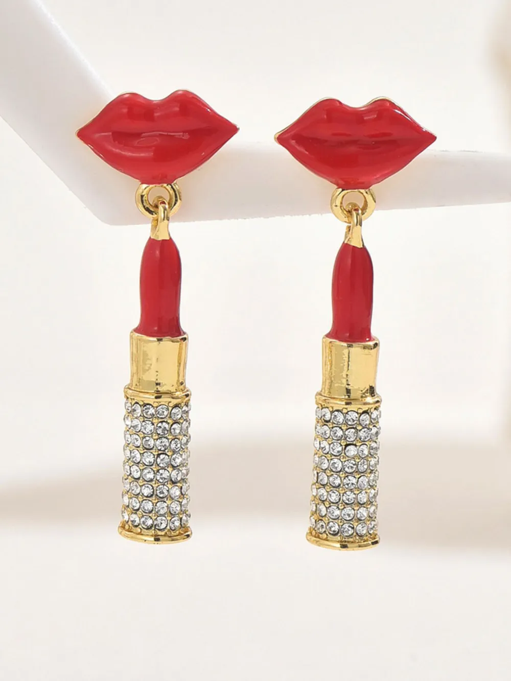 Stainless Steel Resin Lips Lipstick Rhinestone Earrings, image 3