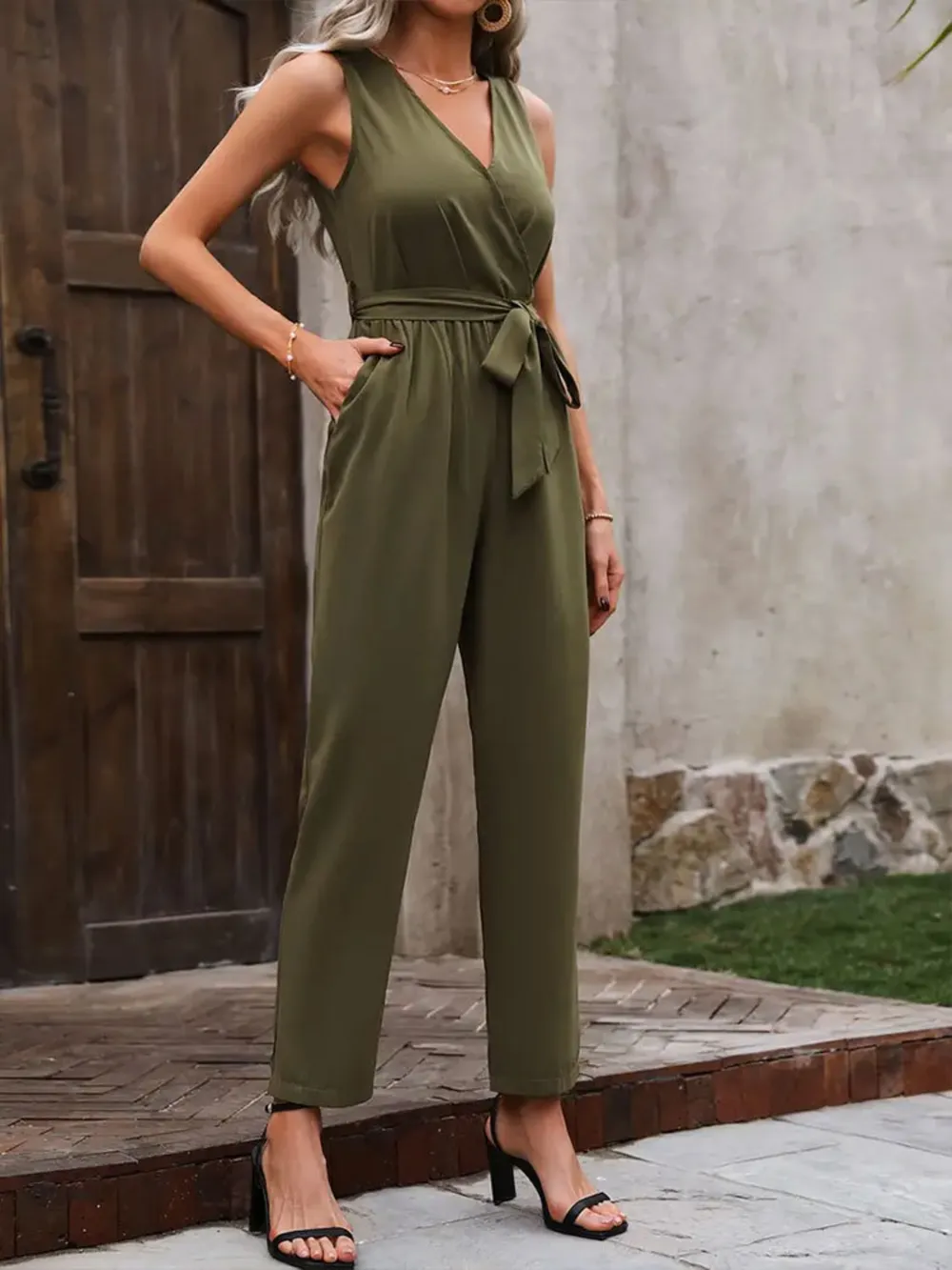 Surplice Tie Waist Sleeveless Jumpsuit, image 5