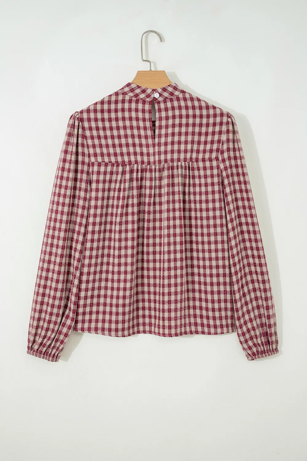 Country Plaid Long Sleeve Button Keyhole Pleated Loose Blouse, image 4