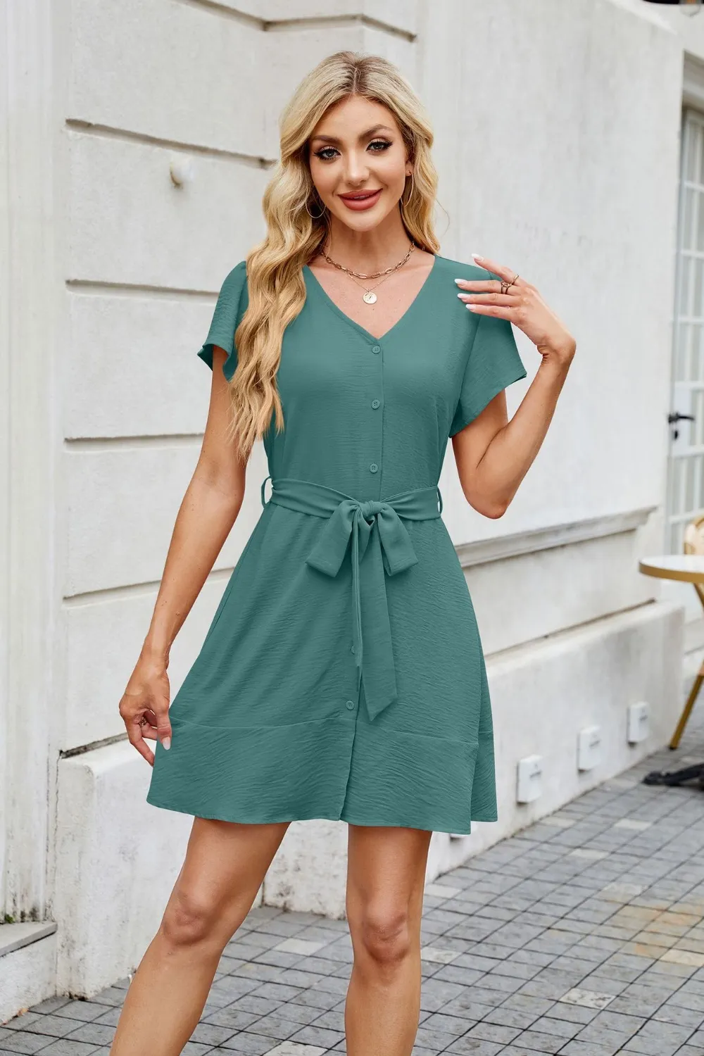 Tied Button Up Short Sleeve Mini Shirt Dress, image 17
