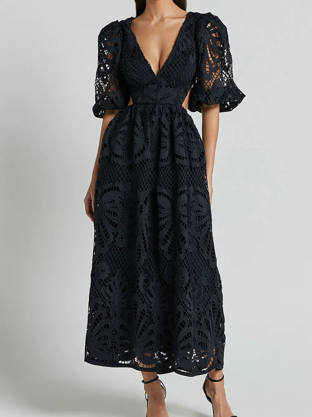 Cutout Back Lace Crochet V-Neck Dress