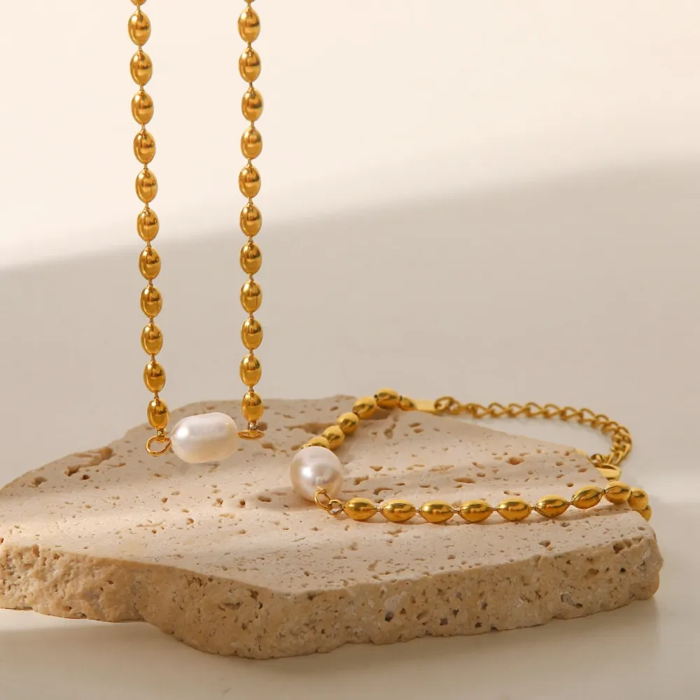 Pearl and Gold Chain Jewelry Set with Necklace and Bracelet, image 2