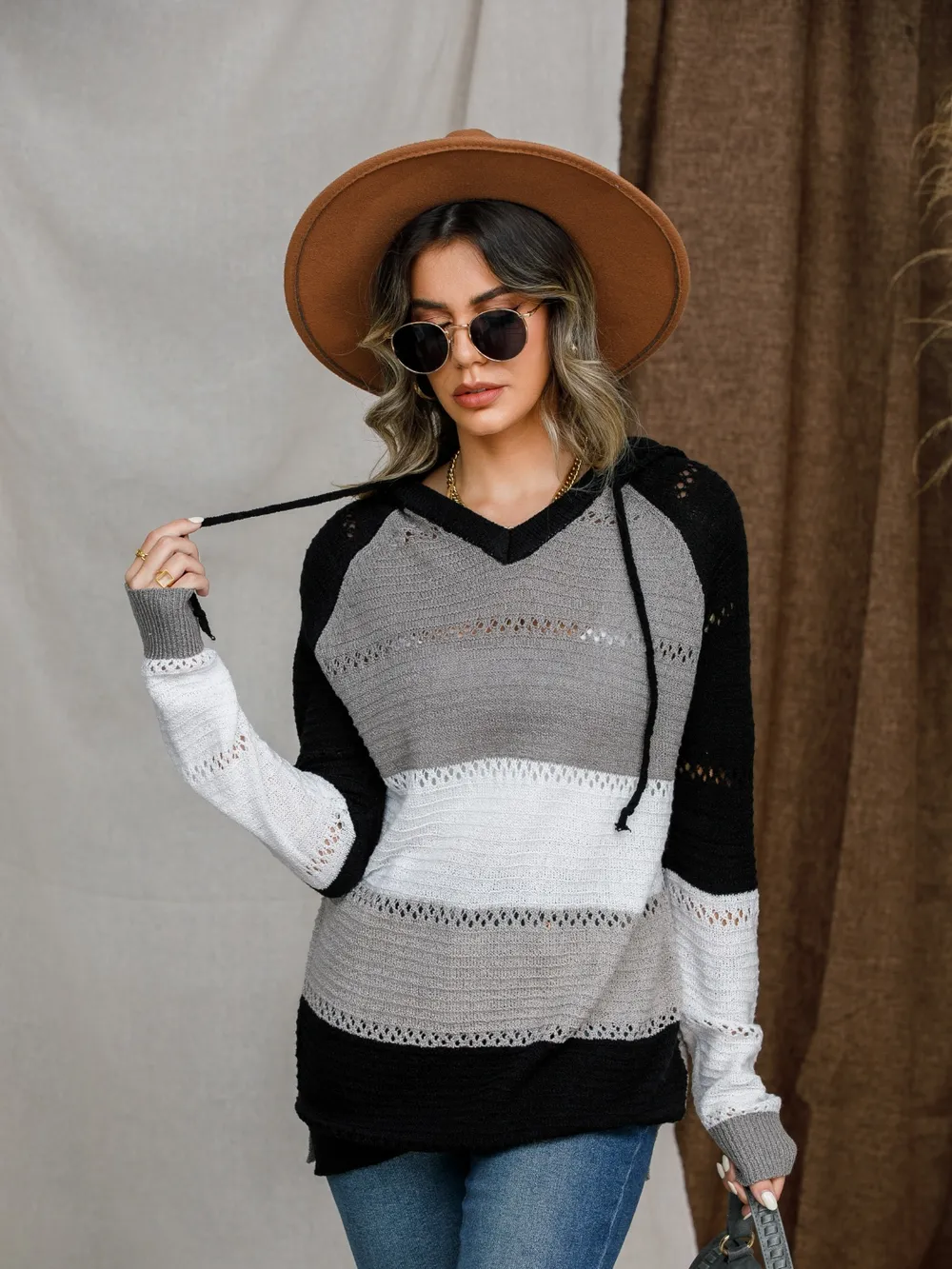 Eyelet Color Block Hooded Sweater, image 3