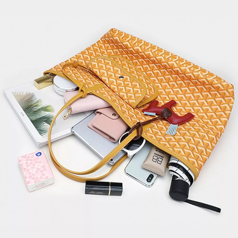 Luxury Geometric Pattern Tote Handbag with Detachable Pouch and Horse Charm, image 6
