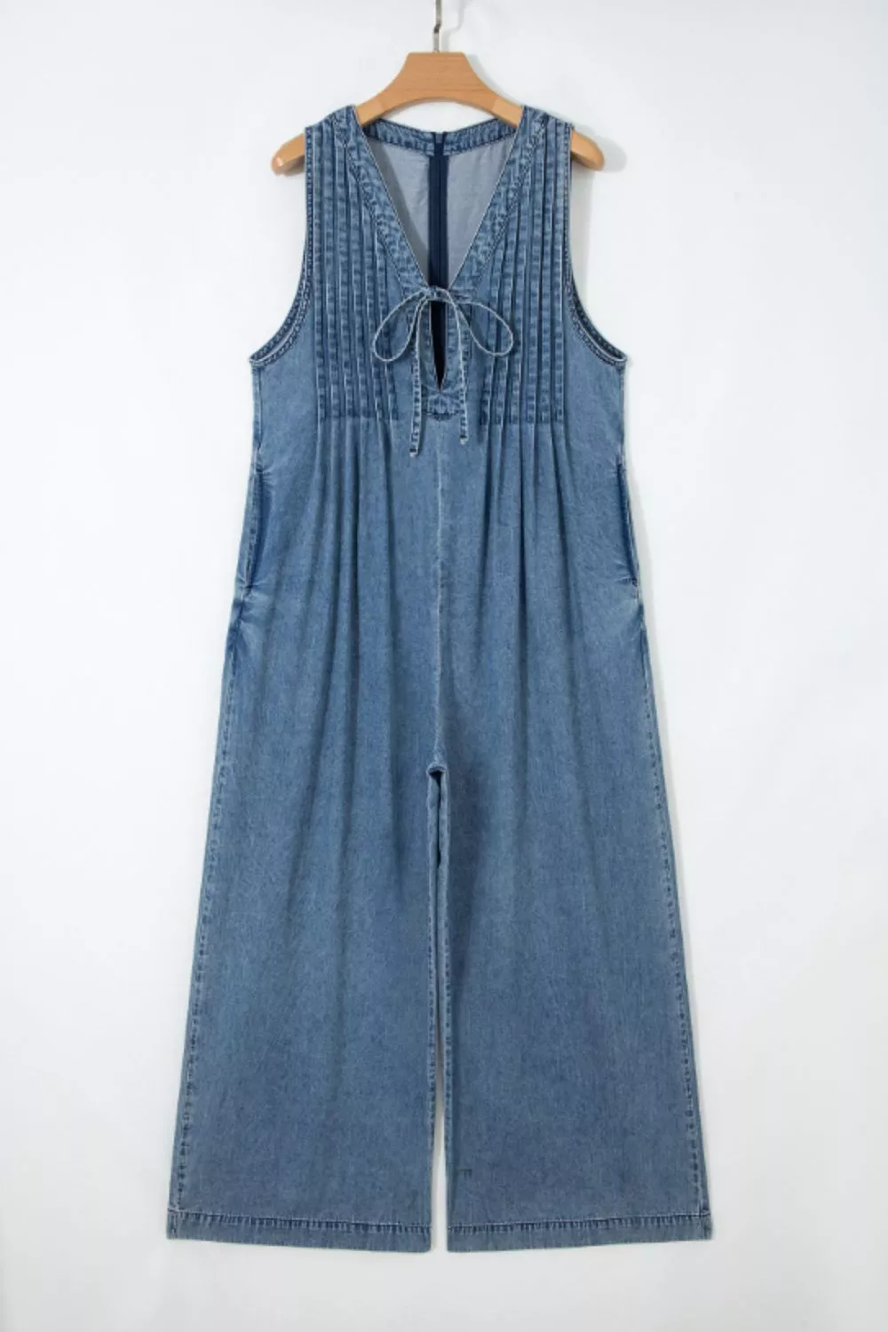 Acid Wash Pintuck Tie V Neck Denim Wide Leg Jumpsuit, image 3