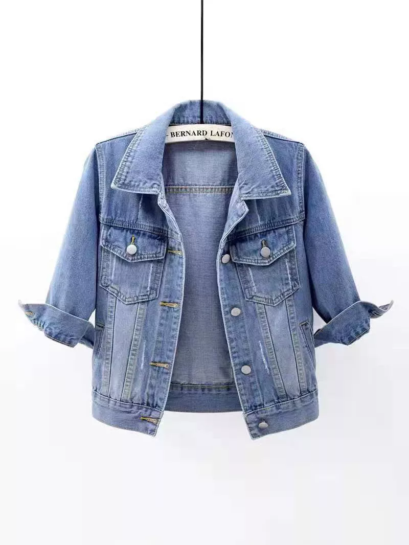 Full Size Distressed Mid-Sleeve Denim Jacket Plus Size, image 5