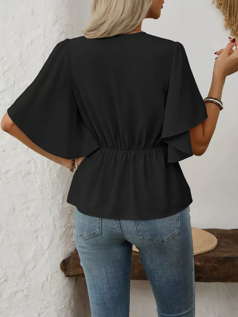 V-Neck Flutter Sleeve Blouse, image 3