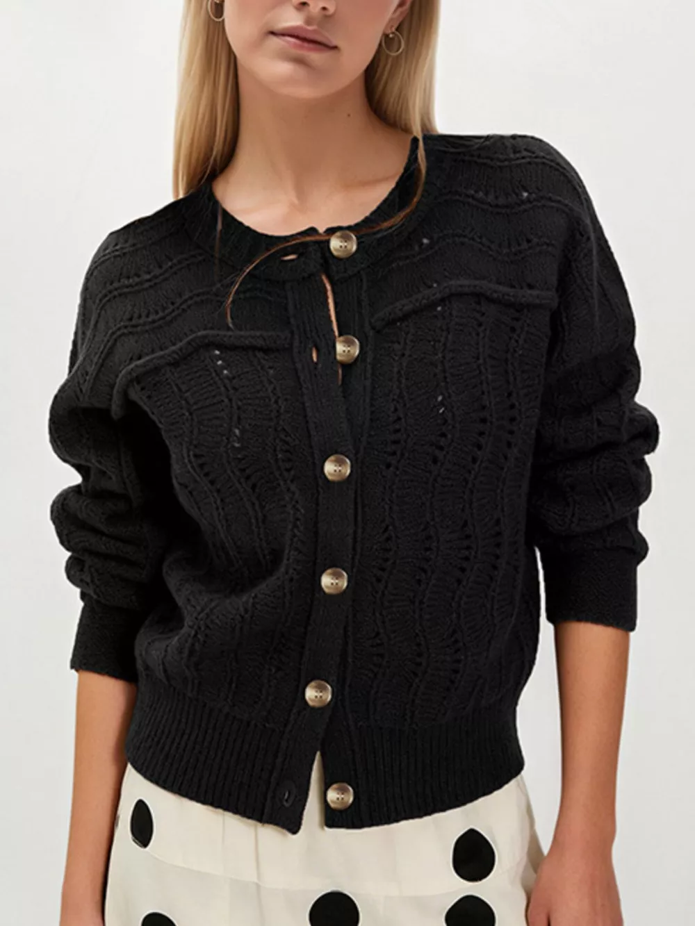 Openwork Button-Down Knit Cardigan, image 6